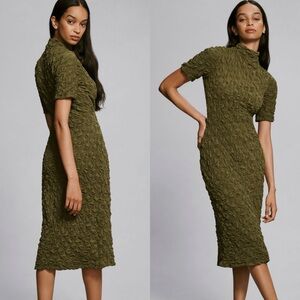 Maeve Anthropologie Short-Sleeve Scrunch-Textured Midi Dress Green L